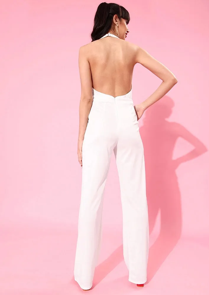 White Halterneck Bare Back Wide Leg Jumpsuit
