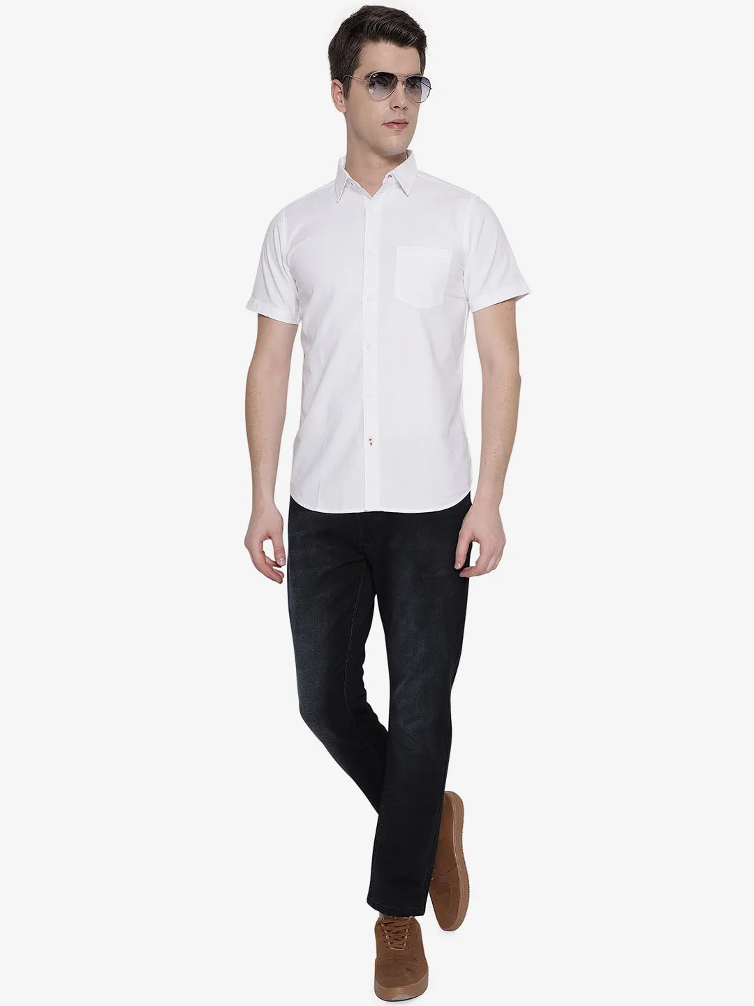 White Solid Slim Fit Semi Casual Shirt | JadeBlue