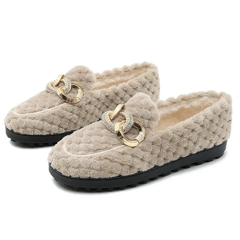 Winter Thicken Soled Wool Shoes Woman Plush Fur Flats Cotton Loafers Ladies Brand Crystal Chain Moccasin Femme Lambswool Sneaker