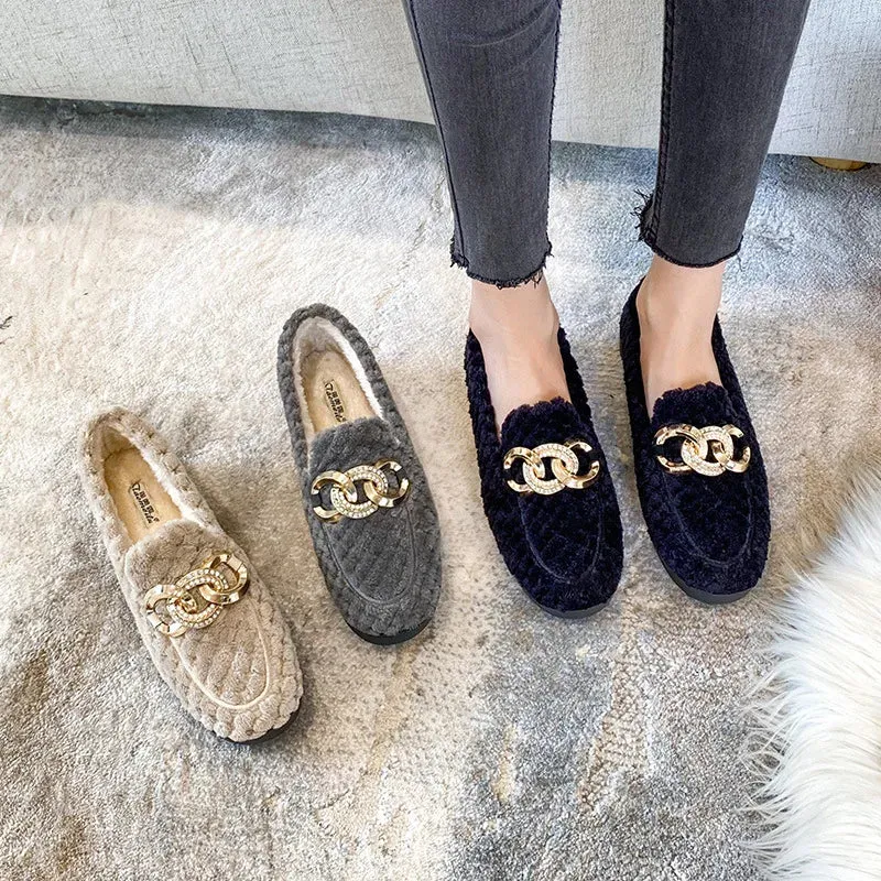Winter Thicken Soled Wool Shoes Woman Plush Fur Flats Cotton Loafers Ladies Brand Crystal Chain Moccasin Femme Lambswool Sneaker
