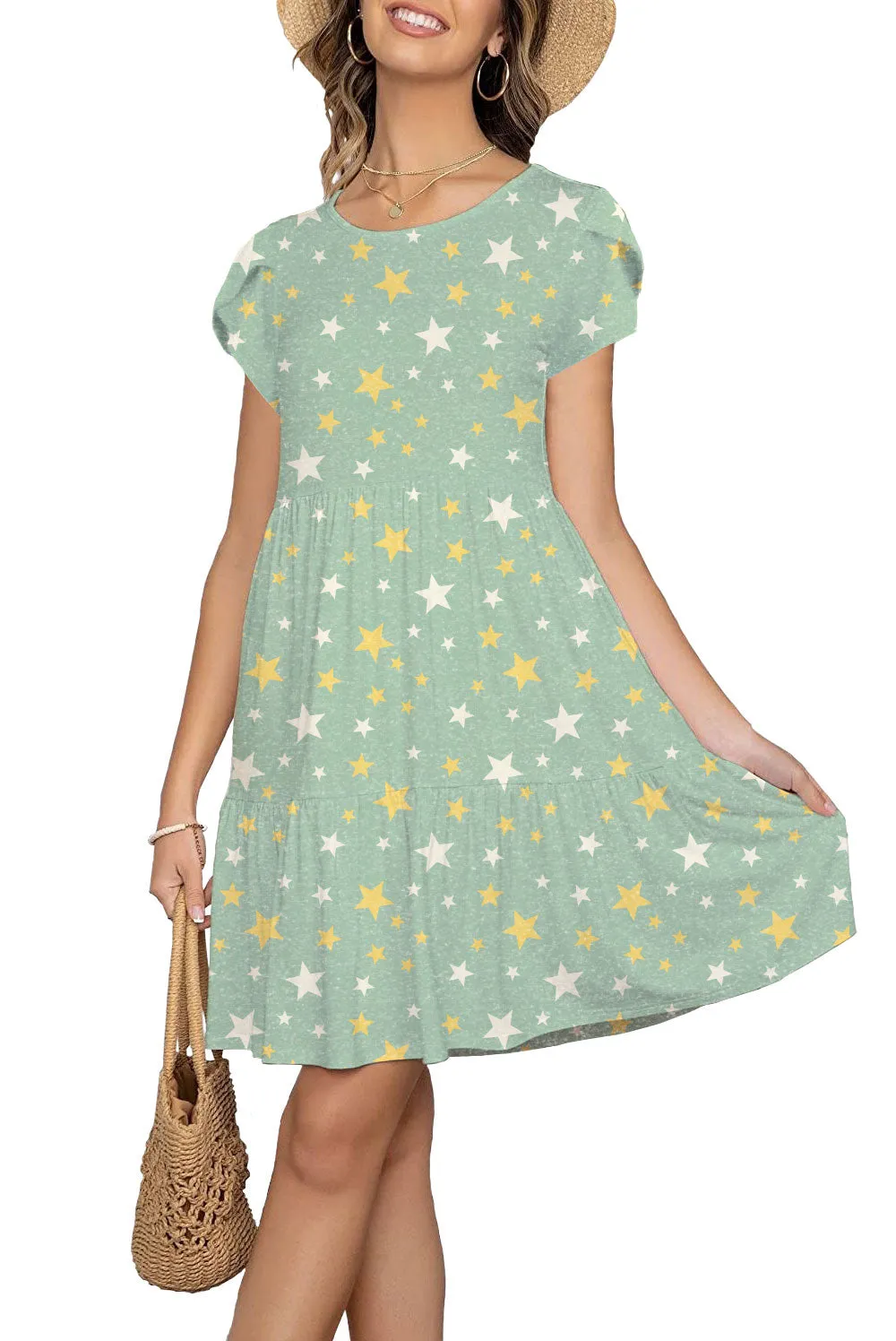 Women Petal Short Sleeve Pocket Casual Ruffle Loose Swing Casual Dress