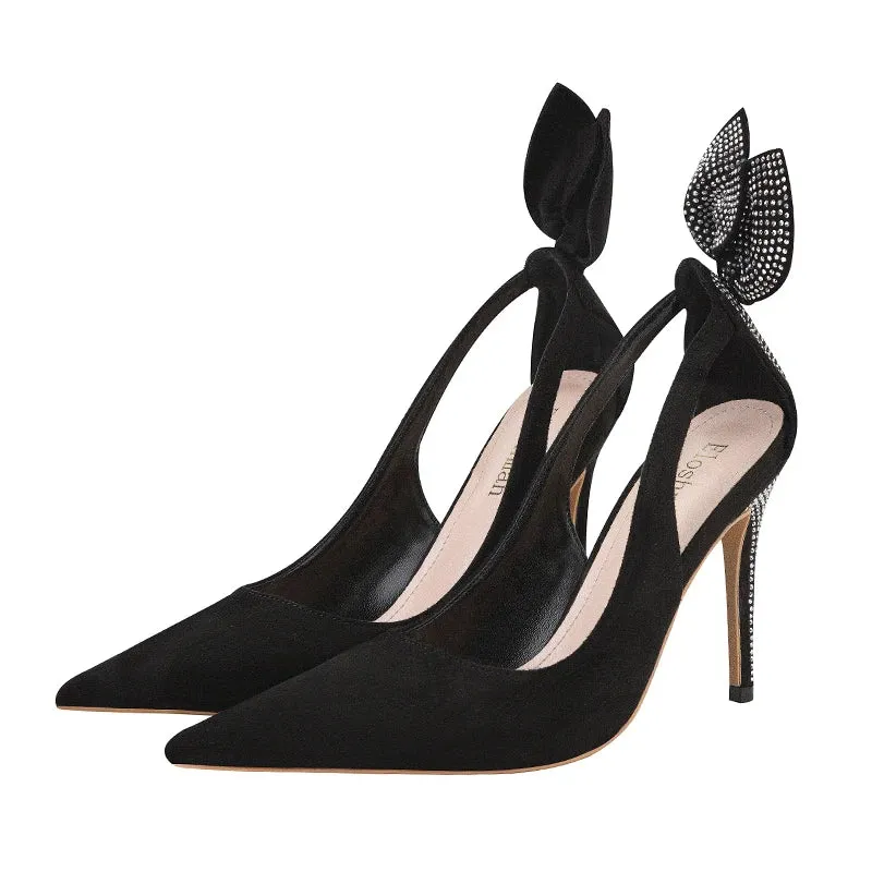 Women's High Heels Suede Stilettos Bow Detail Black Pointed Toe Pumps Sexy Temperament Footwear for Special Occasions