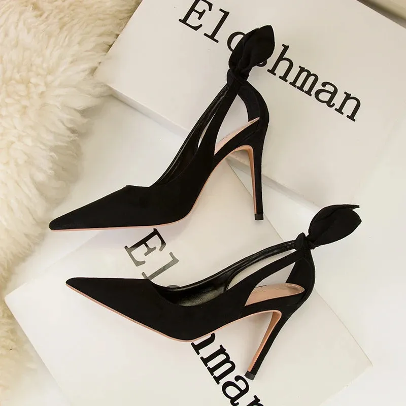 Women's High Heels Suede Stilettos Bow Detail Black Pointed Toe Pumps Sexy Temperament Footwear for Special Occasions