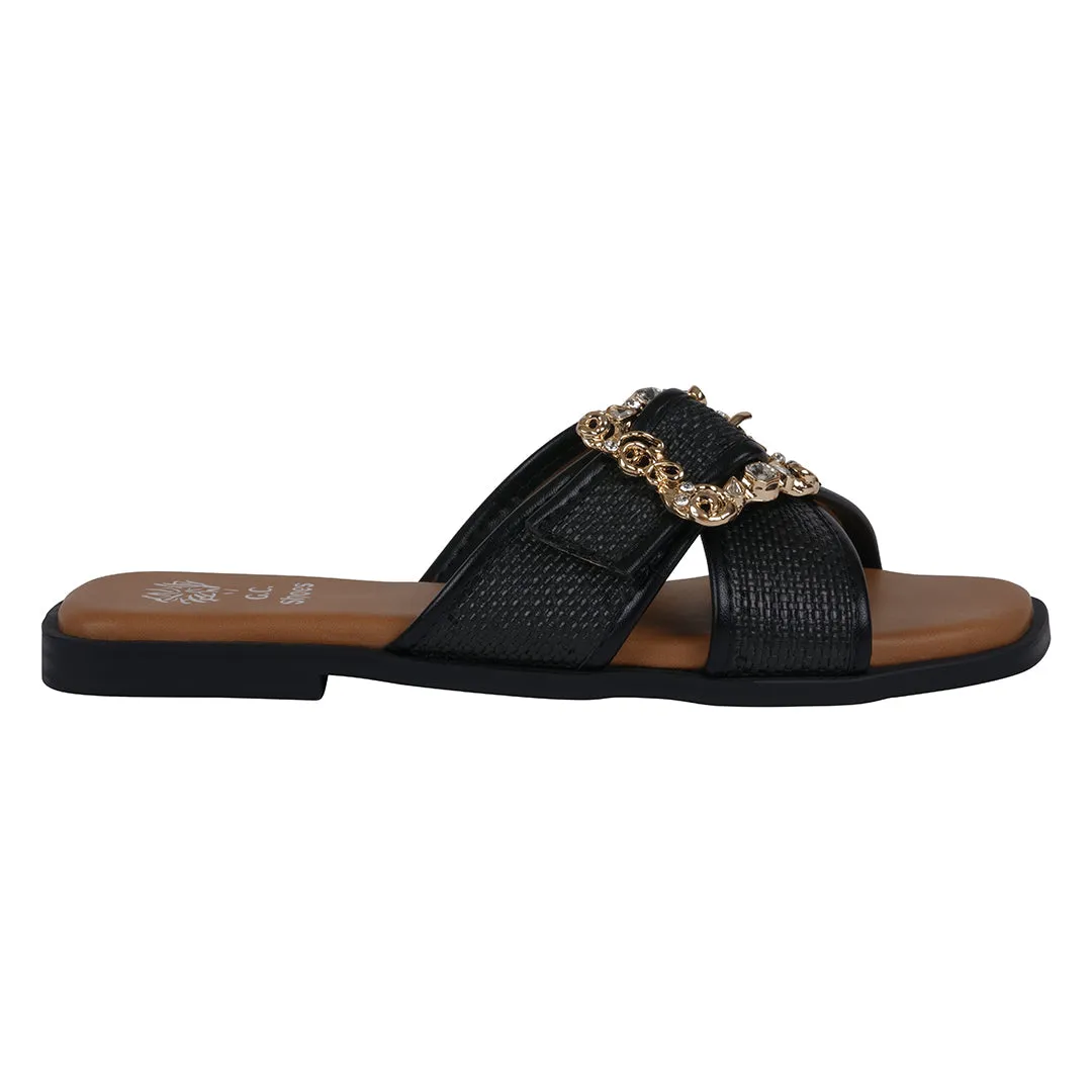 Women's Ivy Black Woven Flat Sandals